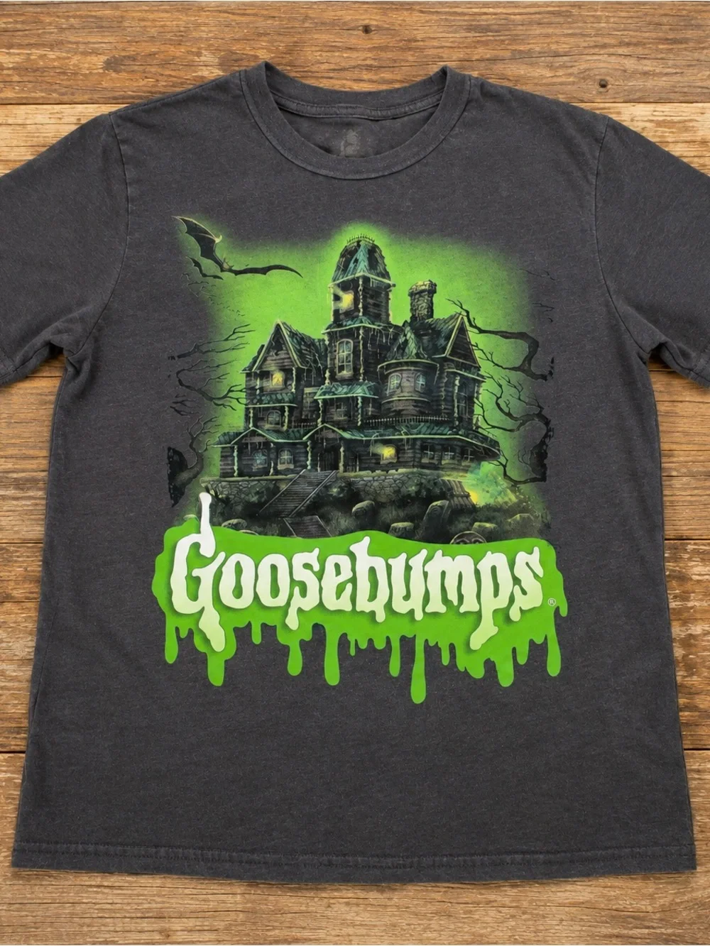 Kids' Black Graphic Tee with Green Haunted House